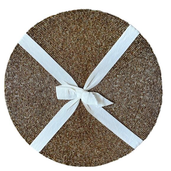 RACHEL ZOE Metallic GOLD Glass Beaded Charger Placemats 14" Round Set of 2 NEW - Picture 1 of 10